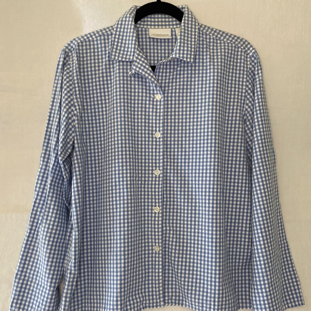 Vintage Liz Claiborne Blue & White Plaid Button Up Top Size Medium